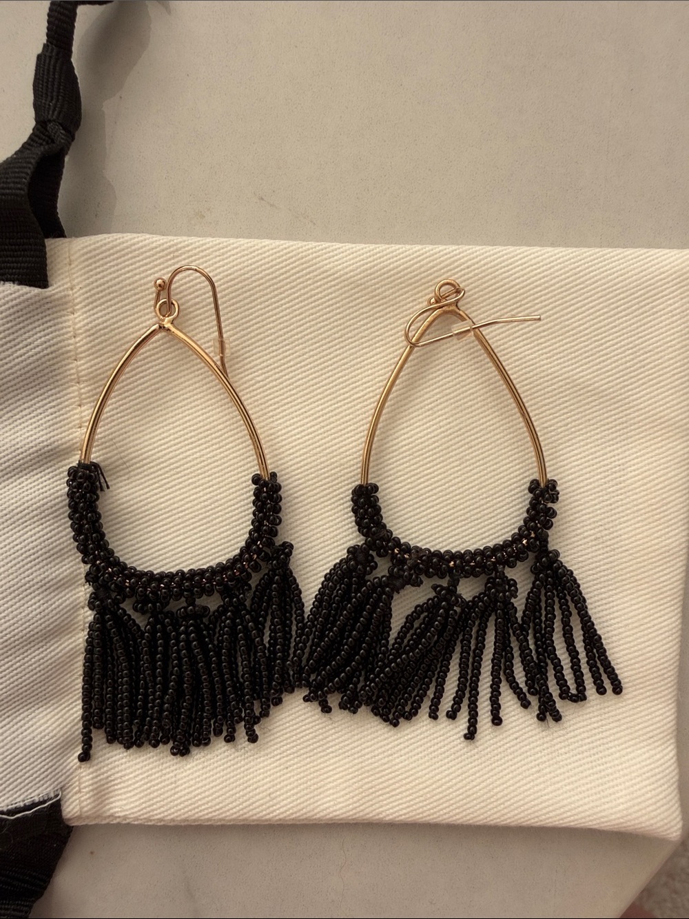 Gold Hoop Earrings with Black Beaded Fringe